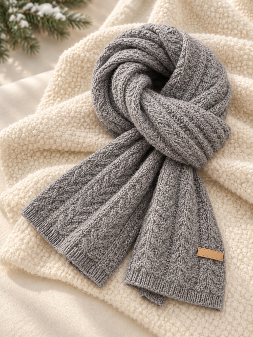 Patterned Knit Winter Scarf in Grey (Small Label), product only