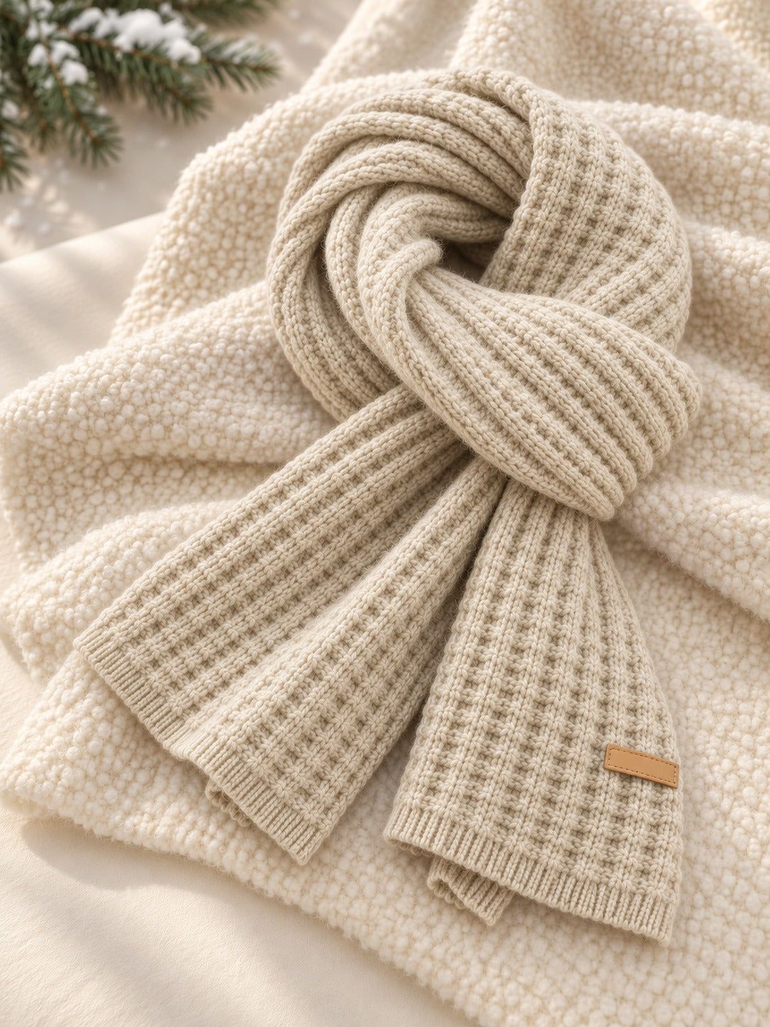 Patterned Knit Winter Scarf in Off-White (Small Label), product only