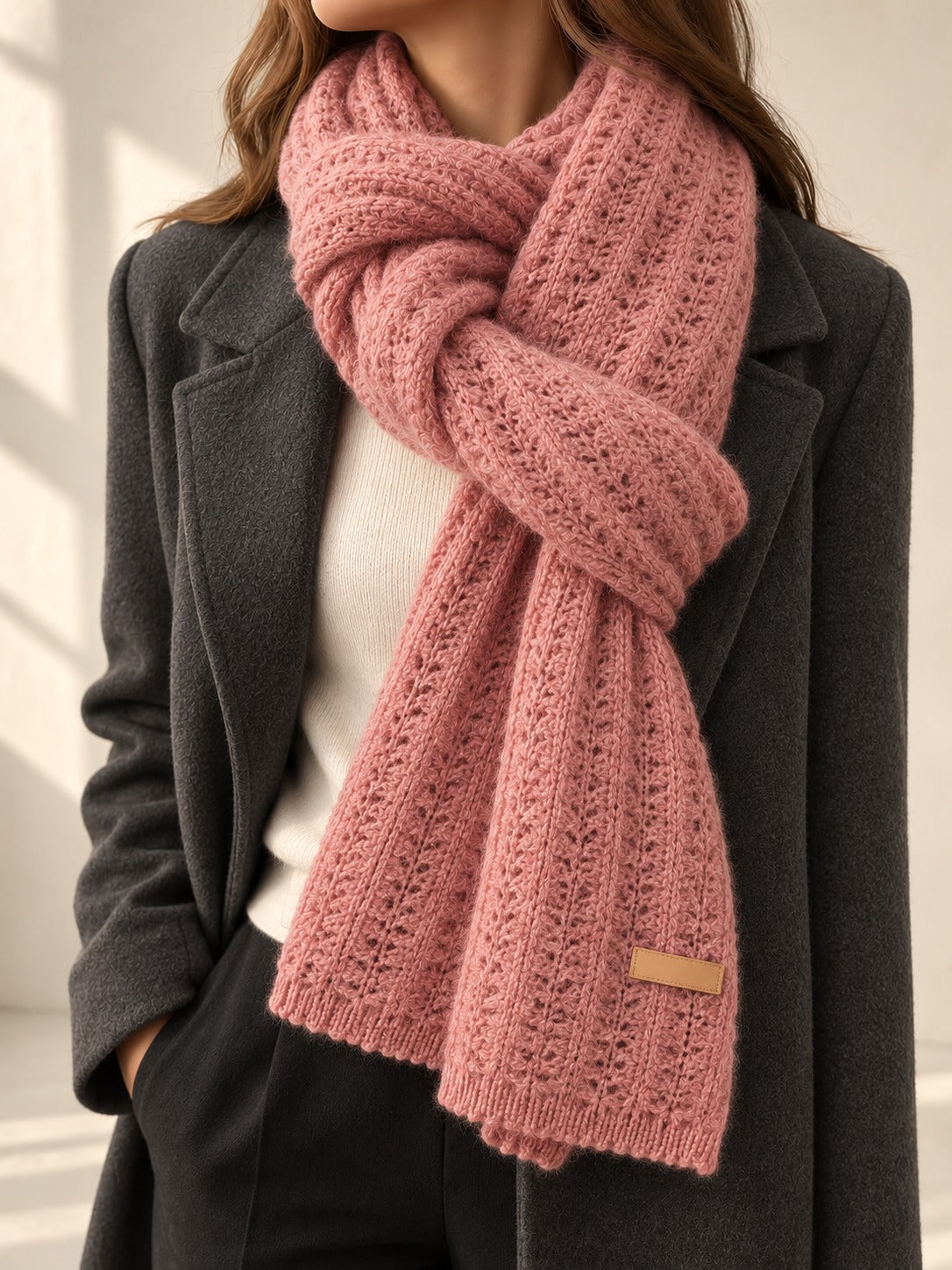Patterned Knit Winter Scarf in Pink (Small Label), styled on model