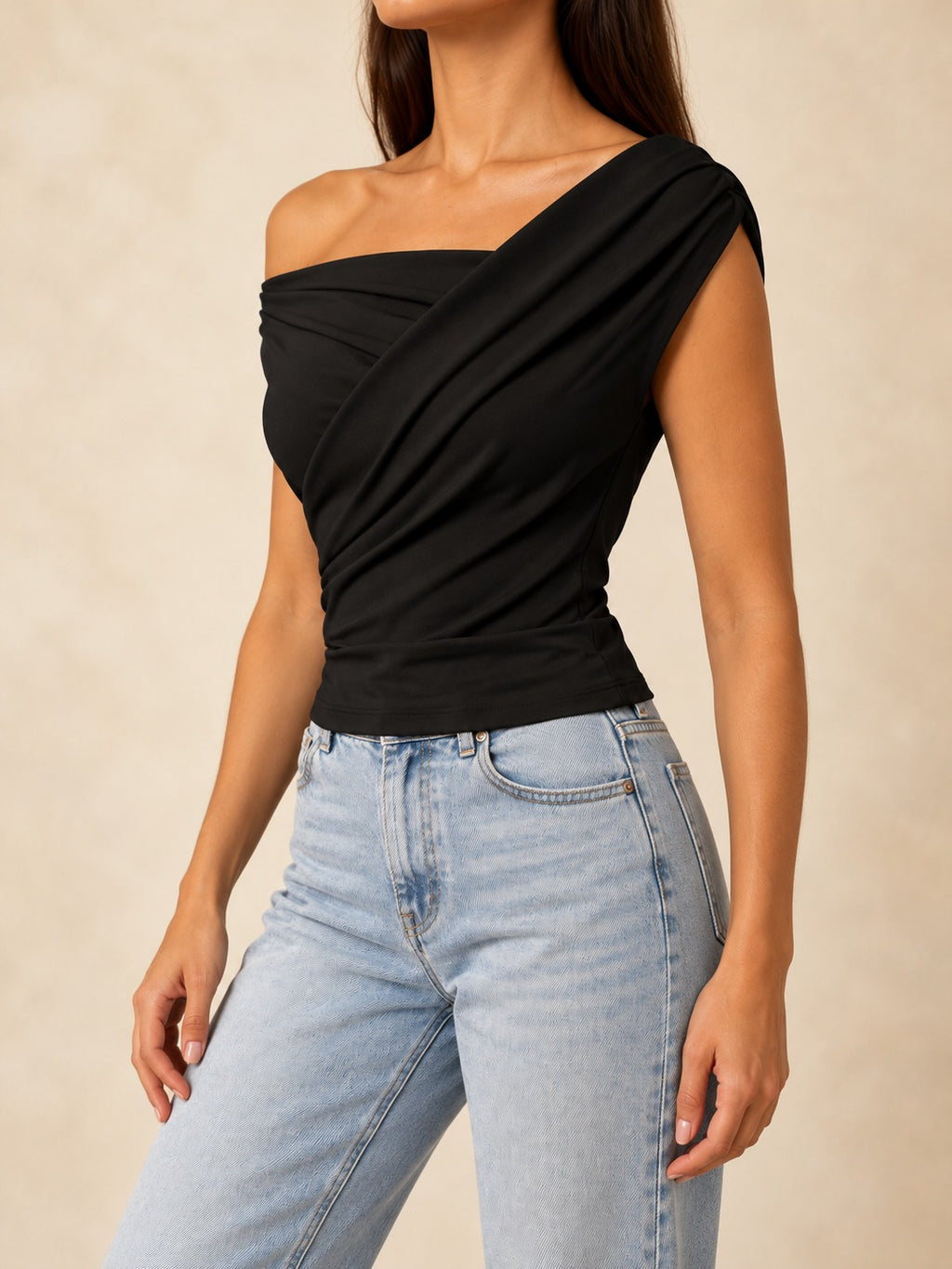 One-Shoulder Bodycon Top in Black, side view