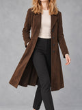 Dark Brown Faux Suede Long Coat in Dark Brown, front view