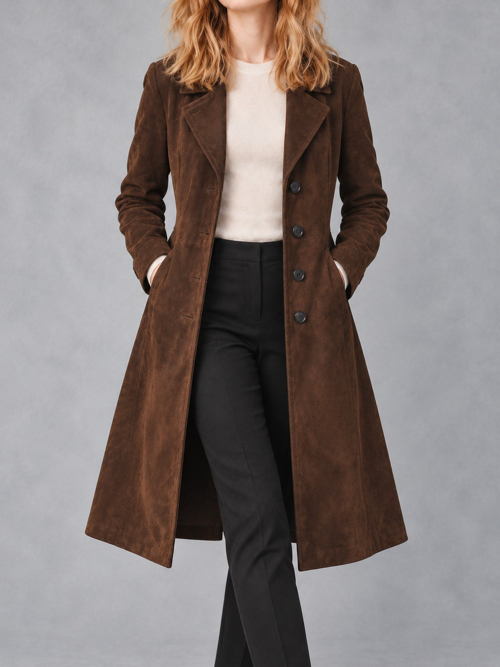 Dark Brown Faux Suede Long Coat in Dark Brown, full-length front view