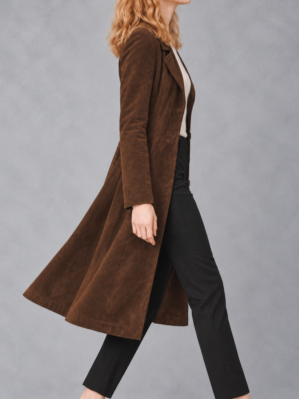 Dark Brown Faux Suede Long Coat in Dark Brown, side view