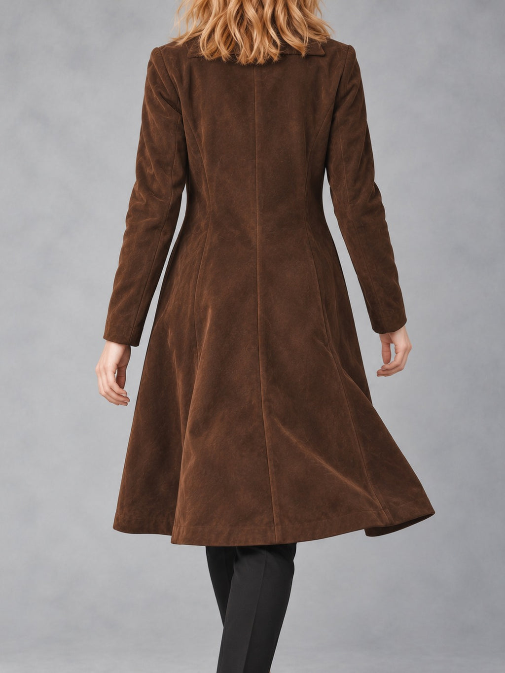 Dark Brown Faux Suede Long Coat in Dark Brown, back view