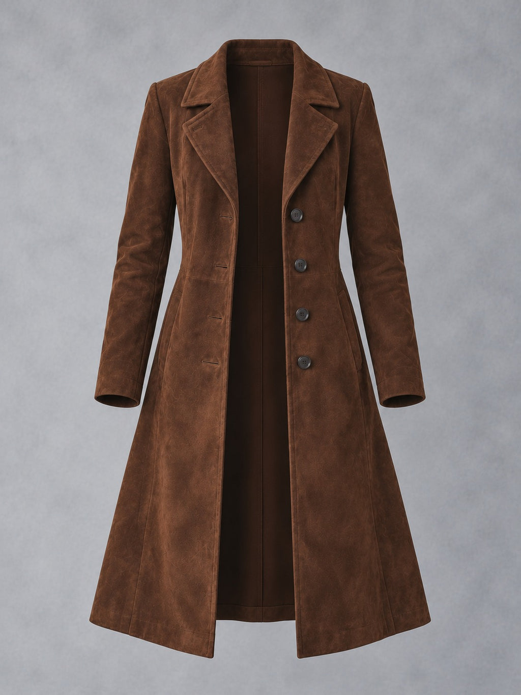 Dark Brown Faux Suede Long Coat in Dark Brown, product only