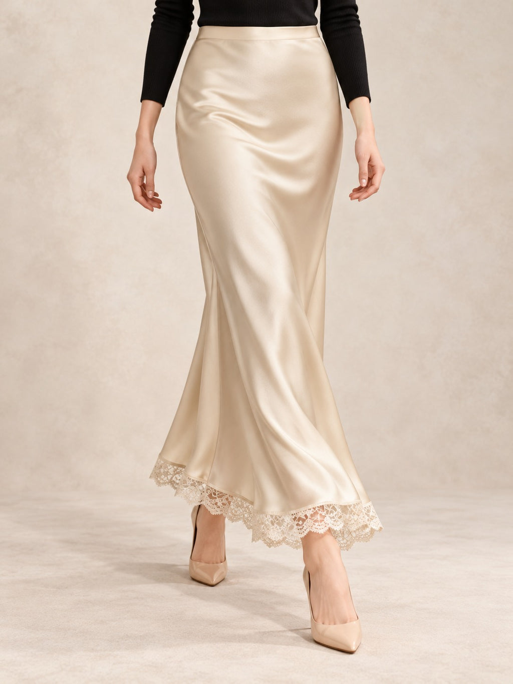 Satin and Lace Long Skirt in Beige (Maxi), styled on model