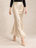Satin and Lace Long Skirt in Beige (Maxi), styled on model