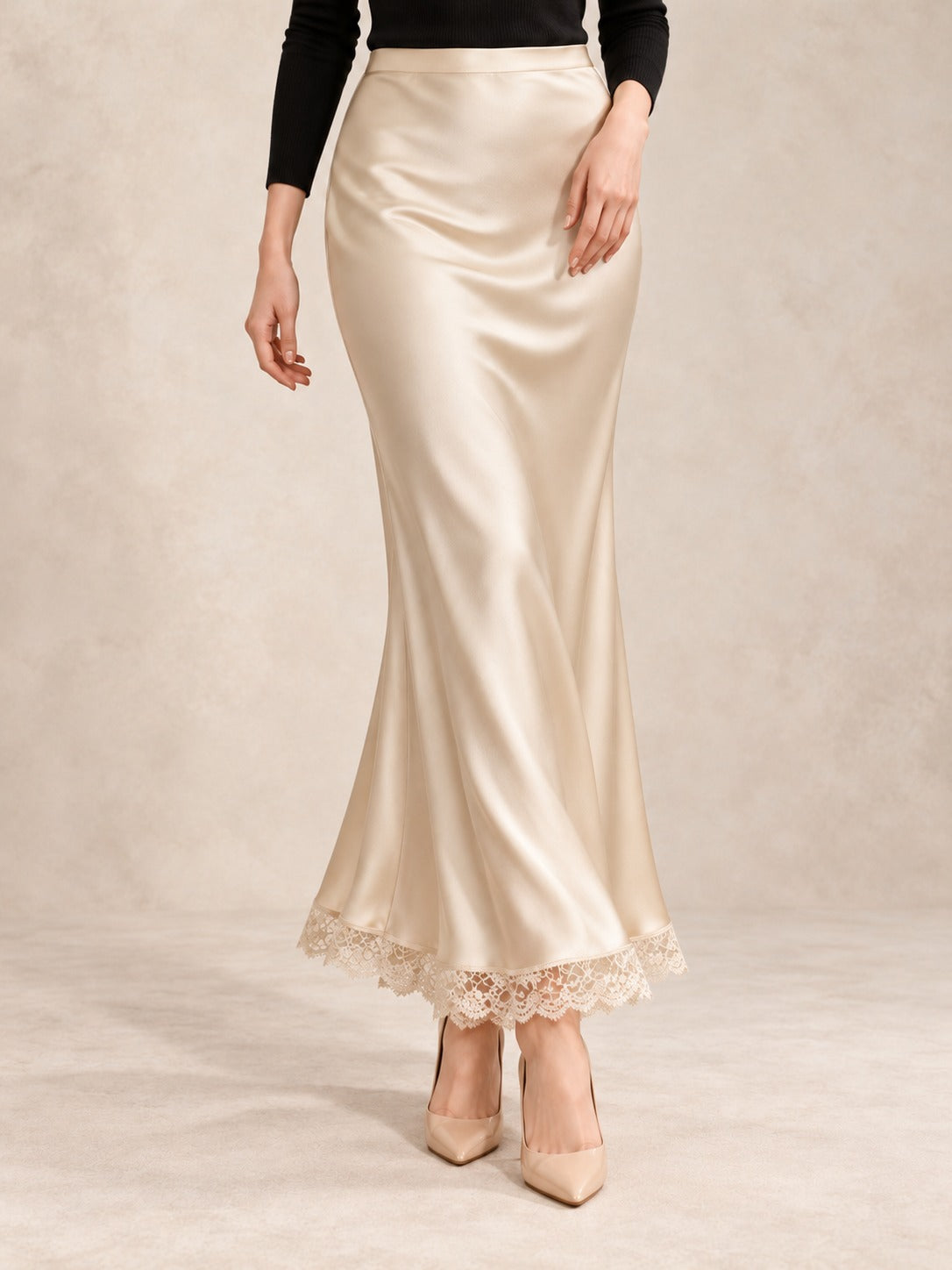 Satin and Lace Long Skirt in Beige (Maxi), front view