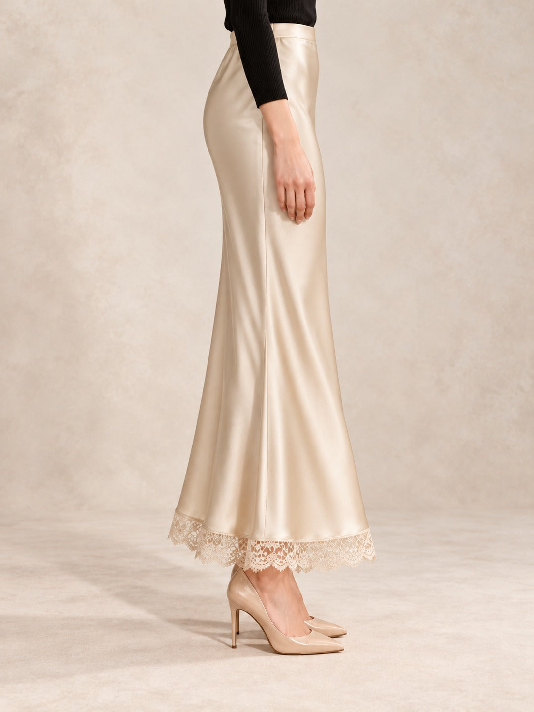 Satin and Lace Long Skirt in Beige (Maxi), side view