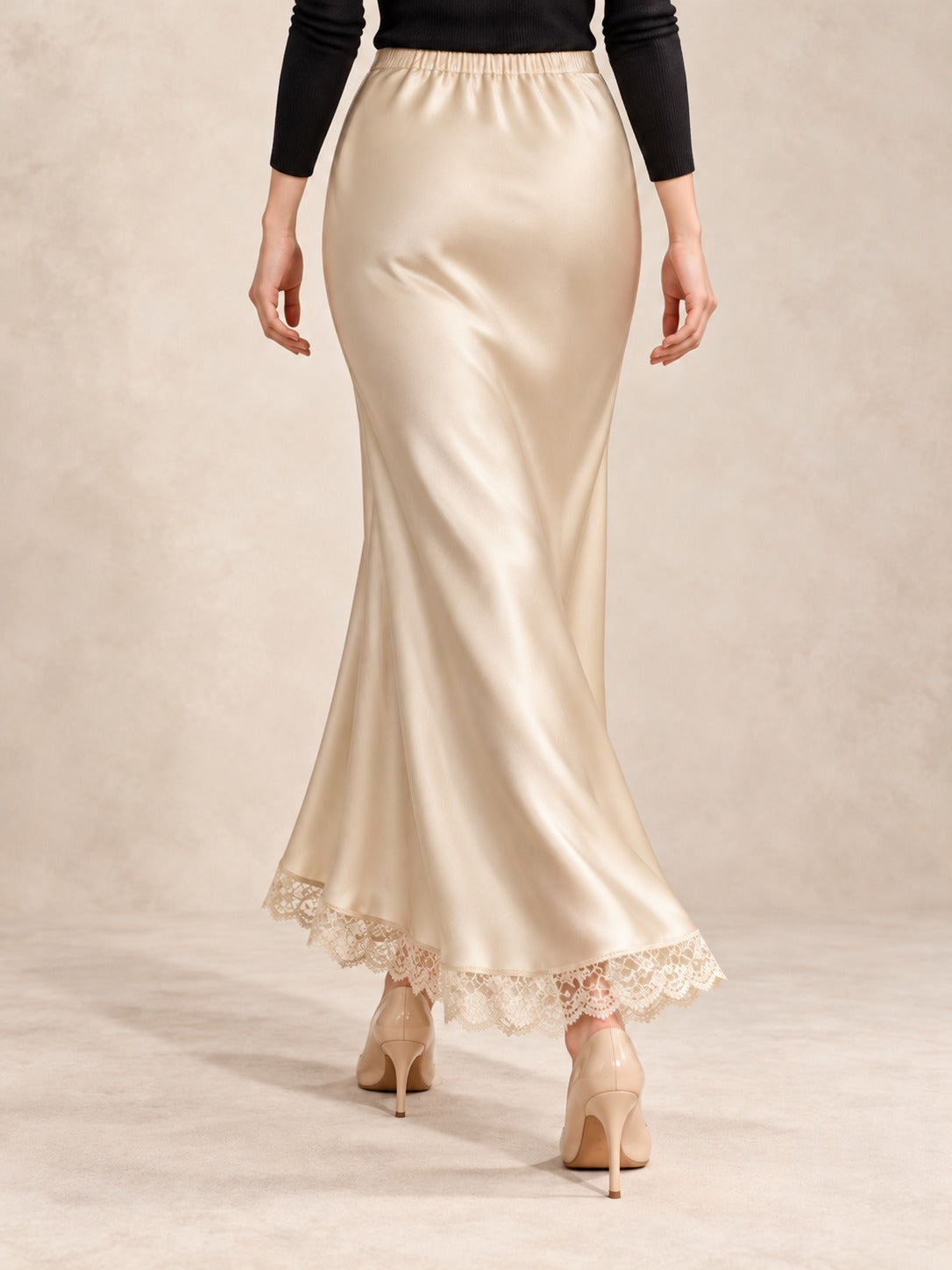 Satin and Lace Long Skirt in Beige (Maxi), back view