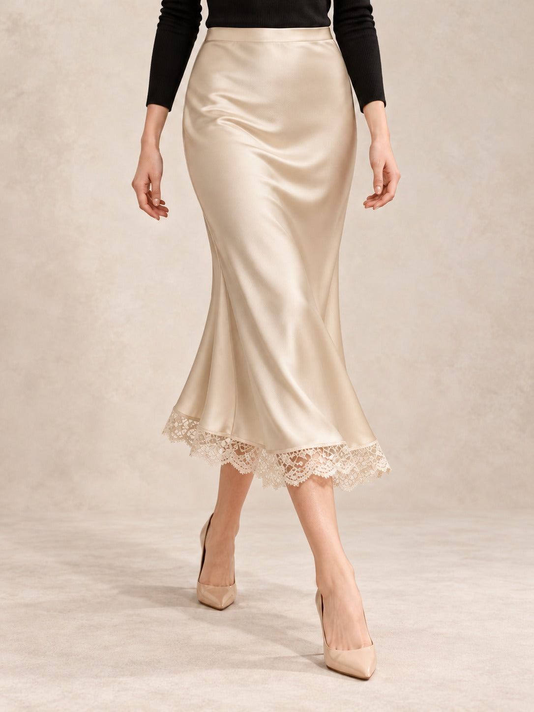 Satin and Lace Long Skirt in Beige (Midi), styled on model