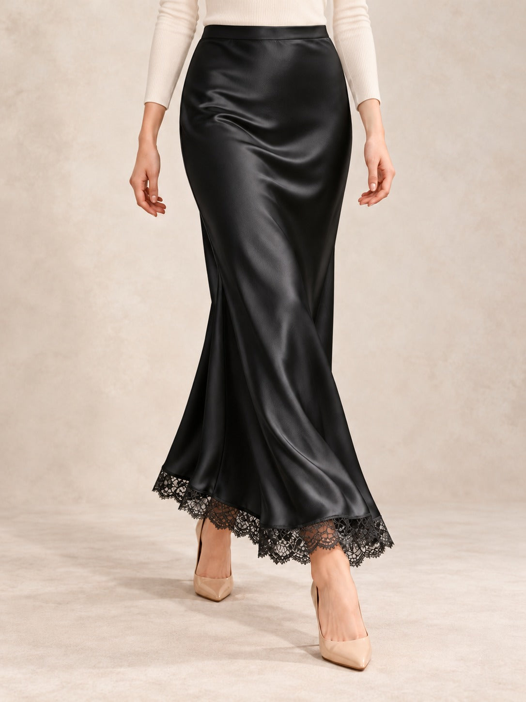Satin and Lace Long Skirt in Black (Maxi), styled on model