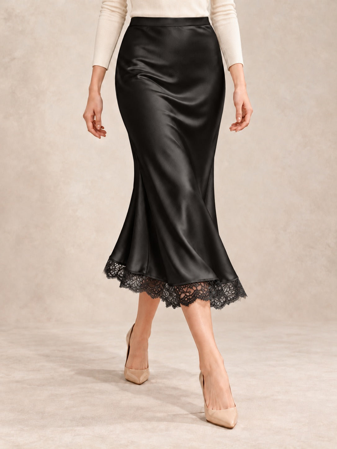 Satin and Lace Long Skirt in Black (Midi), styled on model