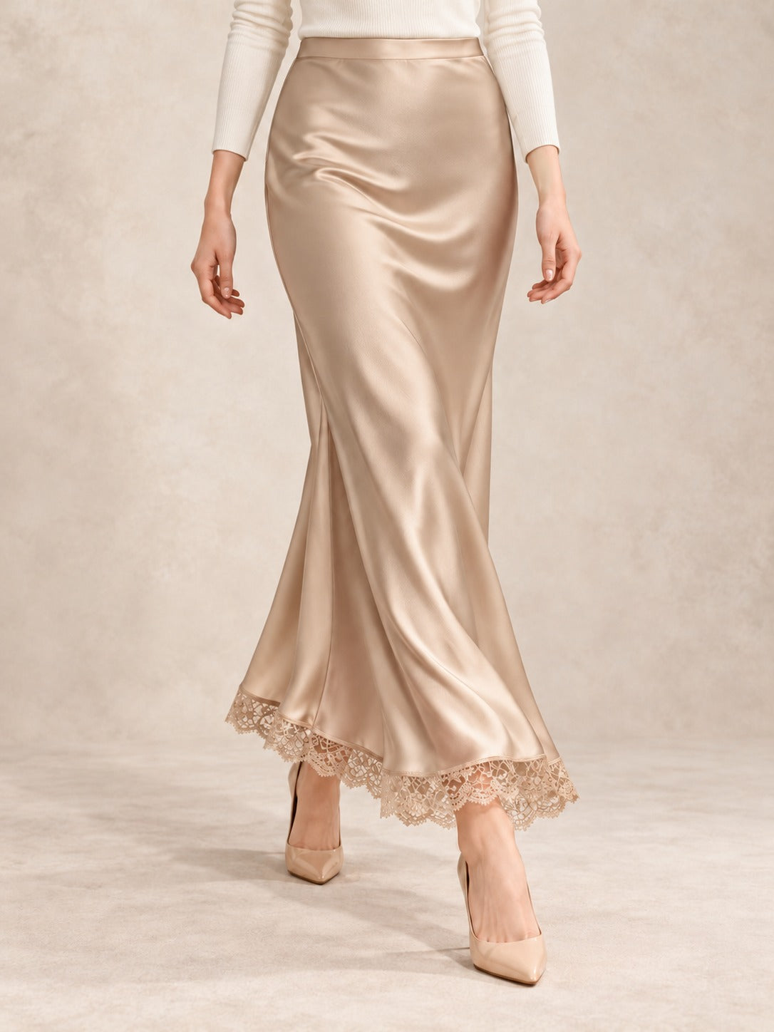 Satin and Lace Long Skirt in Champagne (Maxi), styled on model