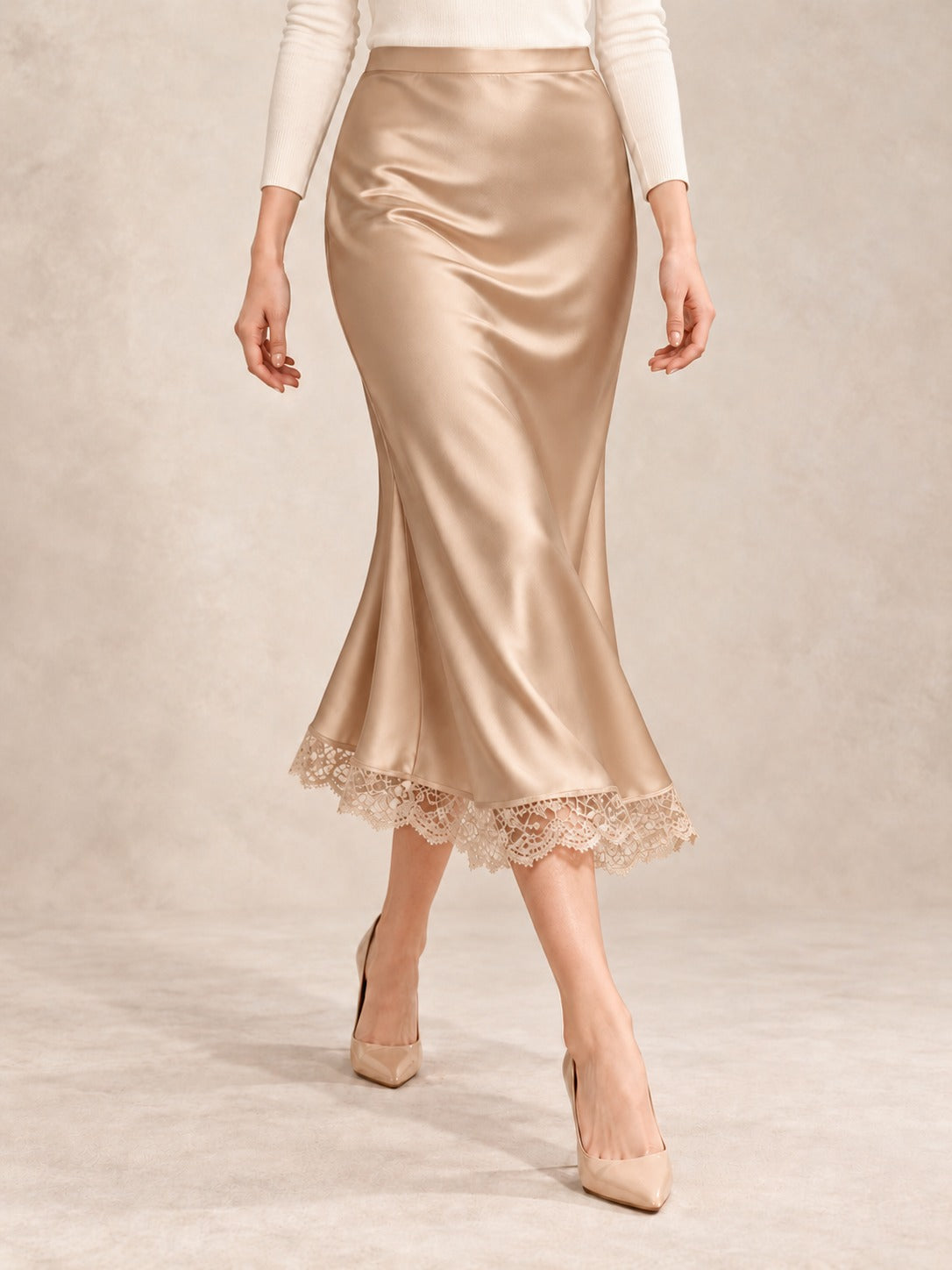 Satin and Lace Long Skirt in Champagne (Midi), styled on model