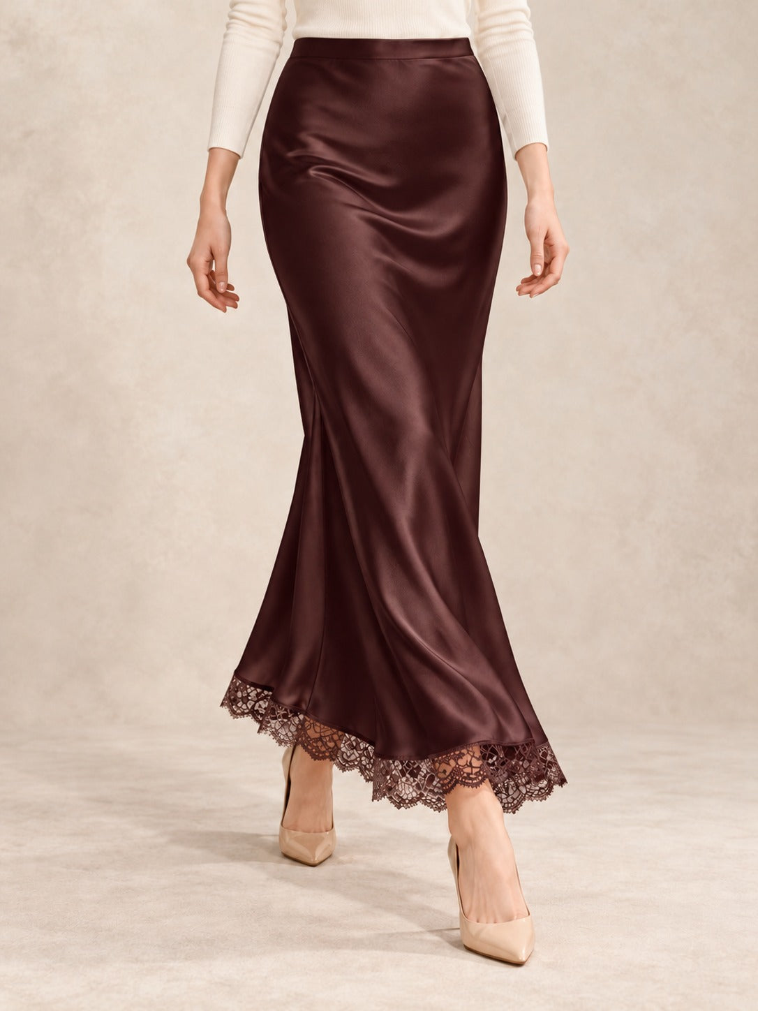 Satin and Lace Long Skirt in Chocolate (Maxi), styled on model