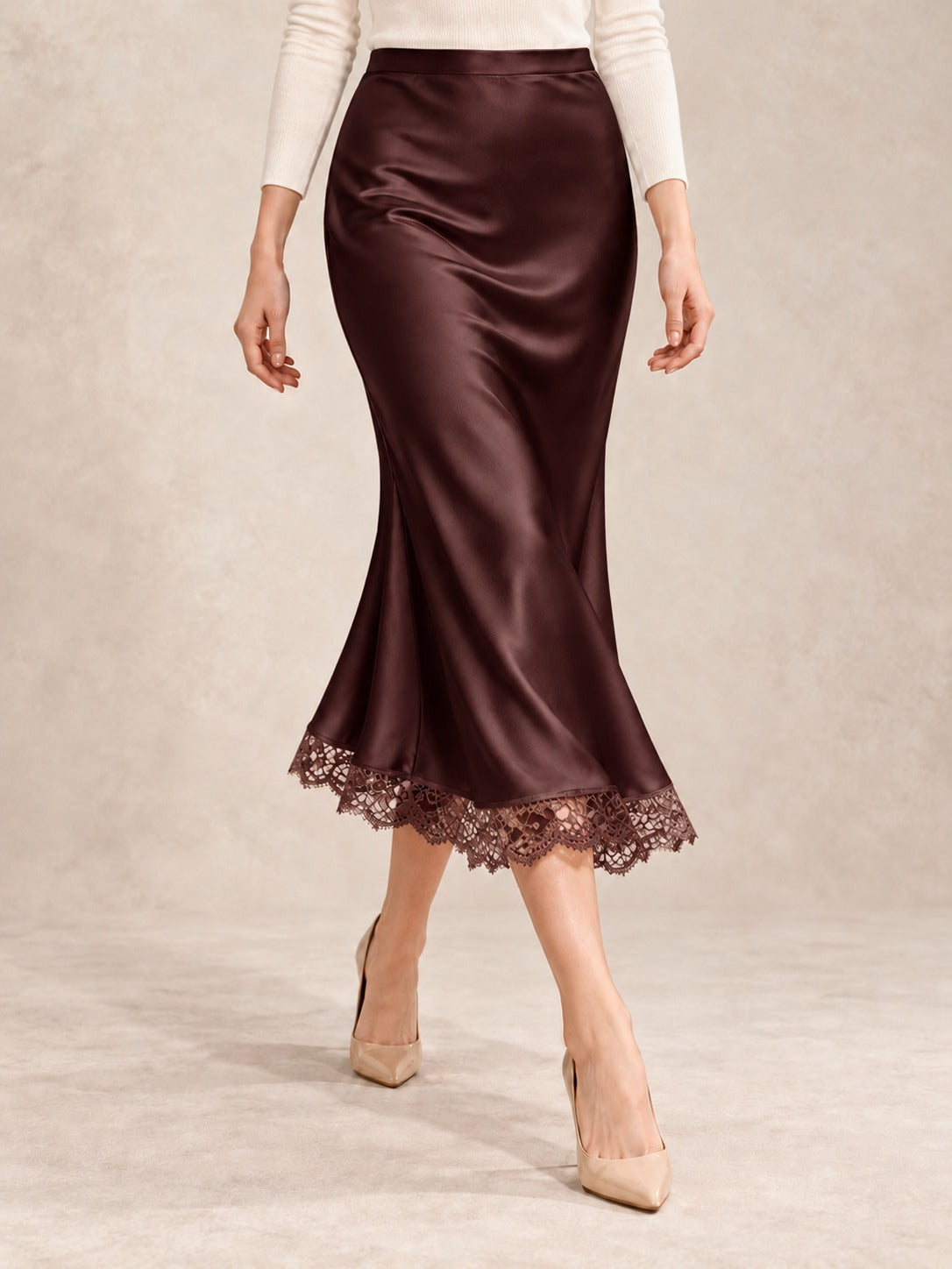 Satin and Lace Long Skirt in Chocolate (Midi), styled on model