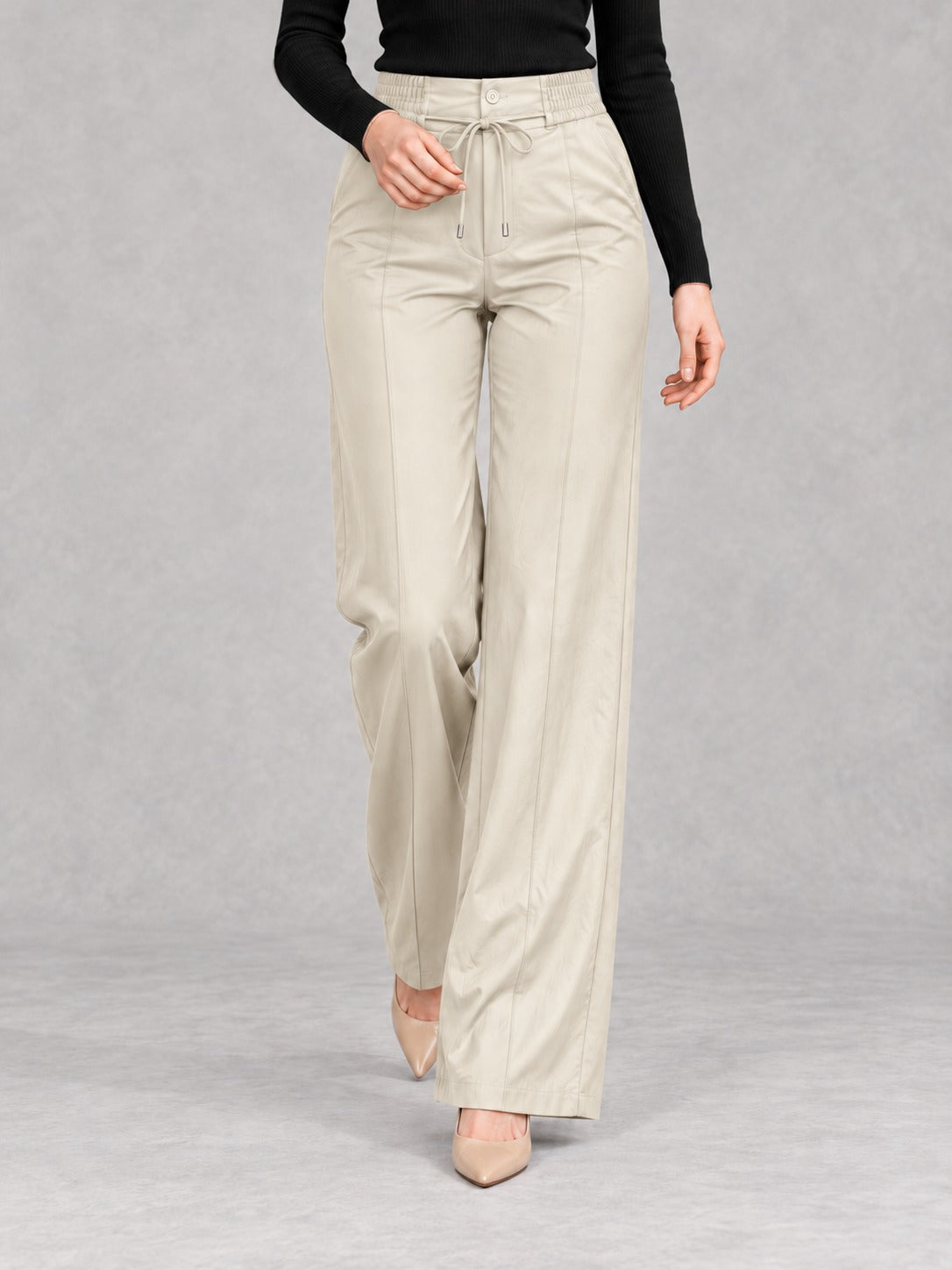 Drawstring Straight-Leg Pants in Apricot, styled on model
