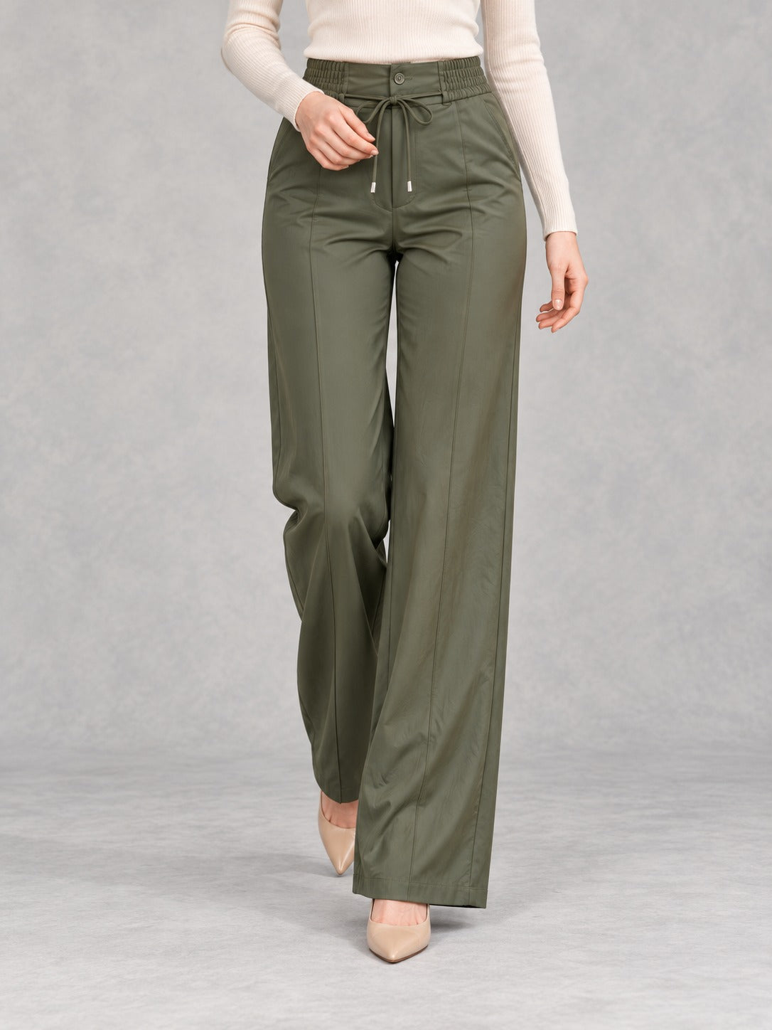 Drawstring Straight-Leg Pants in Green, styled on model