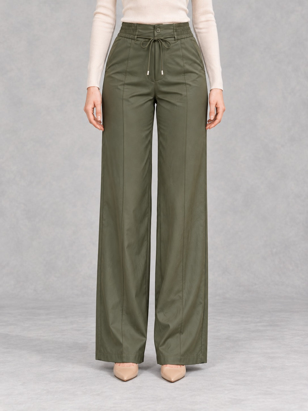 Drawstring Straight-Leg Pants in Green, front view