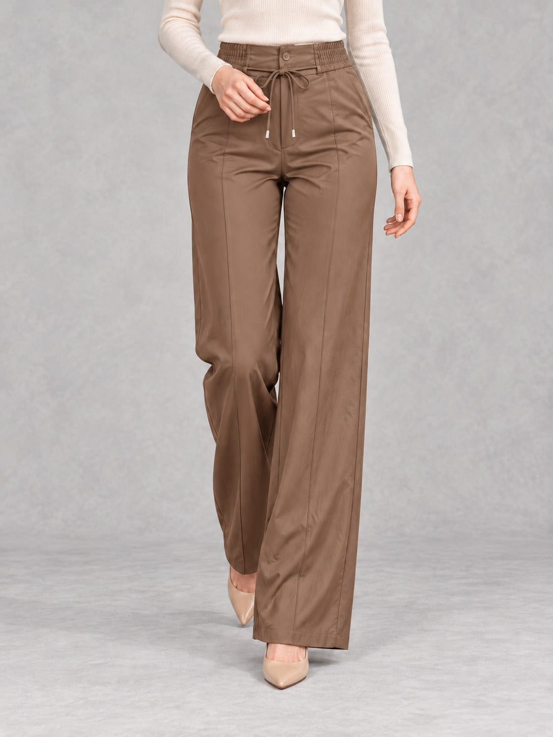 Drawstring Straight-Leg Pants in Khaki, styled on model