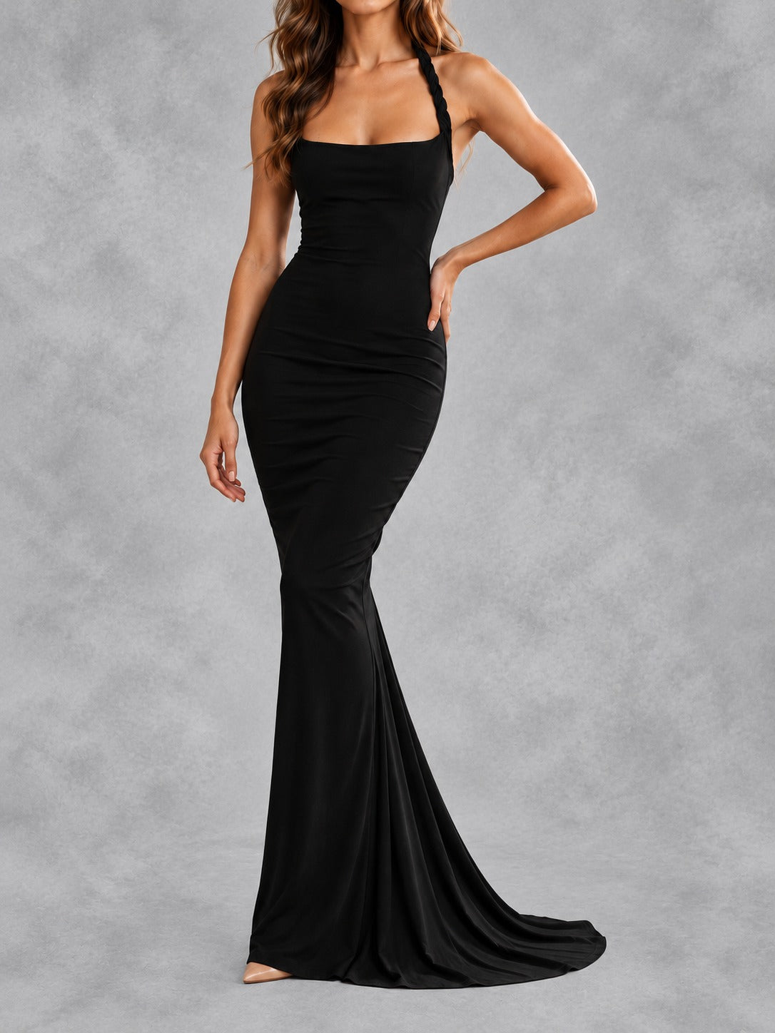 Stretch Mermaid Maxi Dress in Black, front view