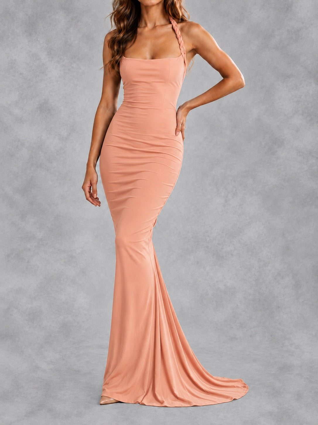 Stretch Mermaid Maxi Dress in Pink, front view