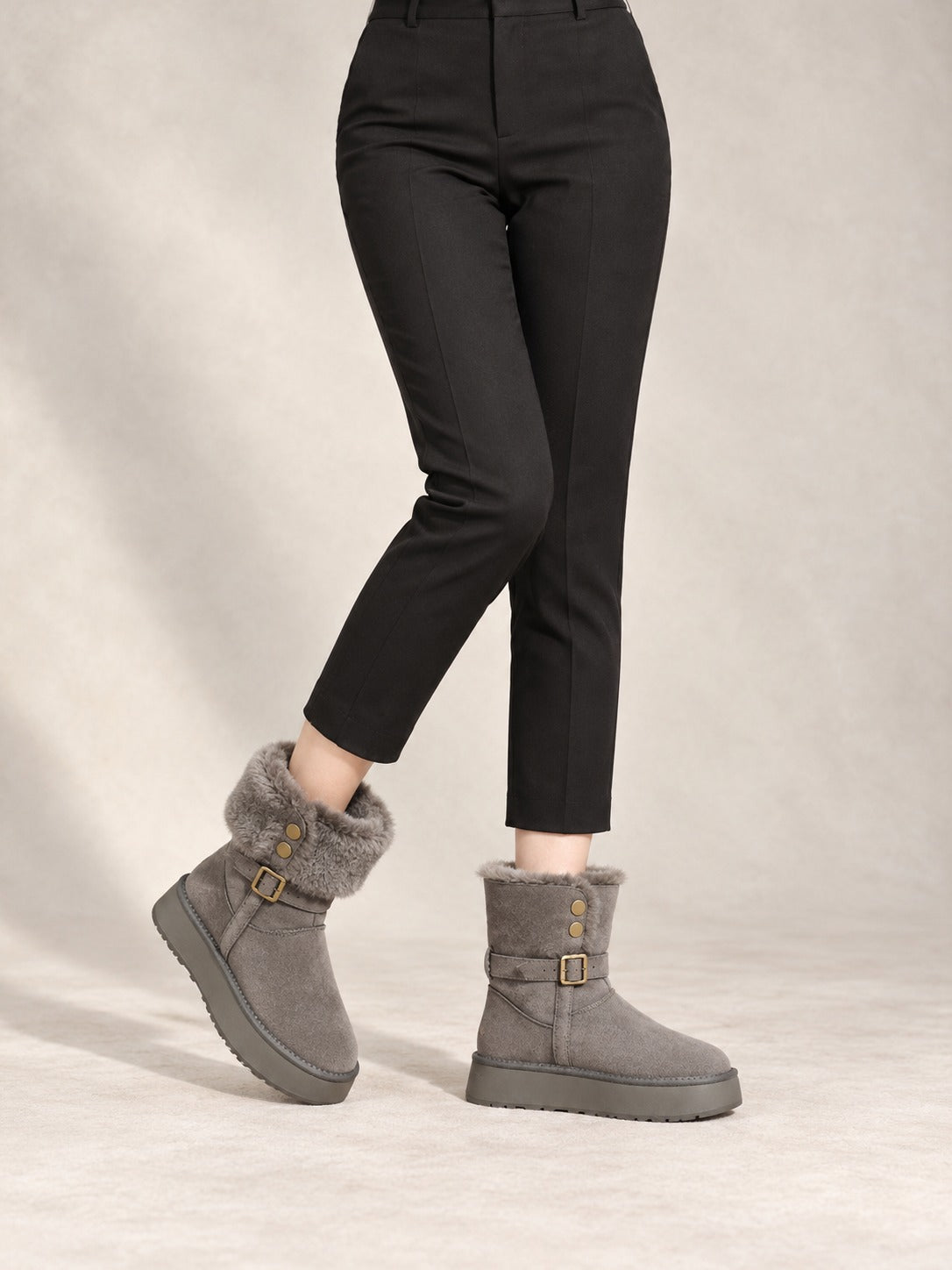 Plush Lined Ankle Snow Boots in Gray, styled on model