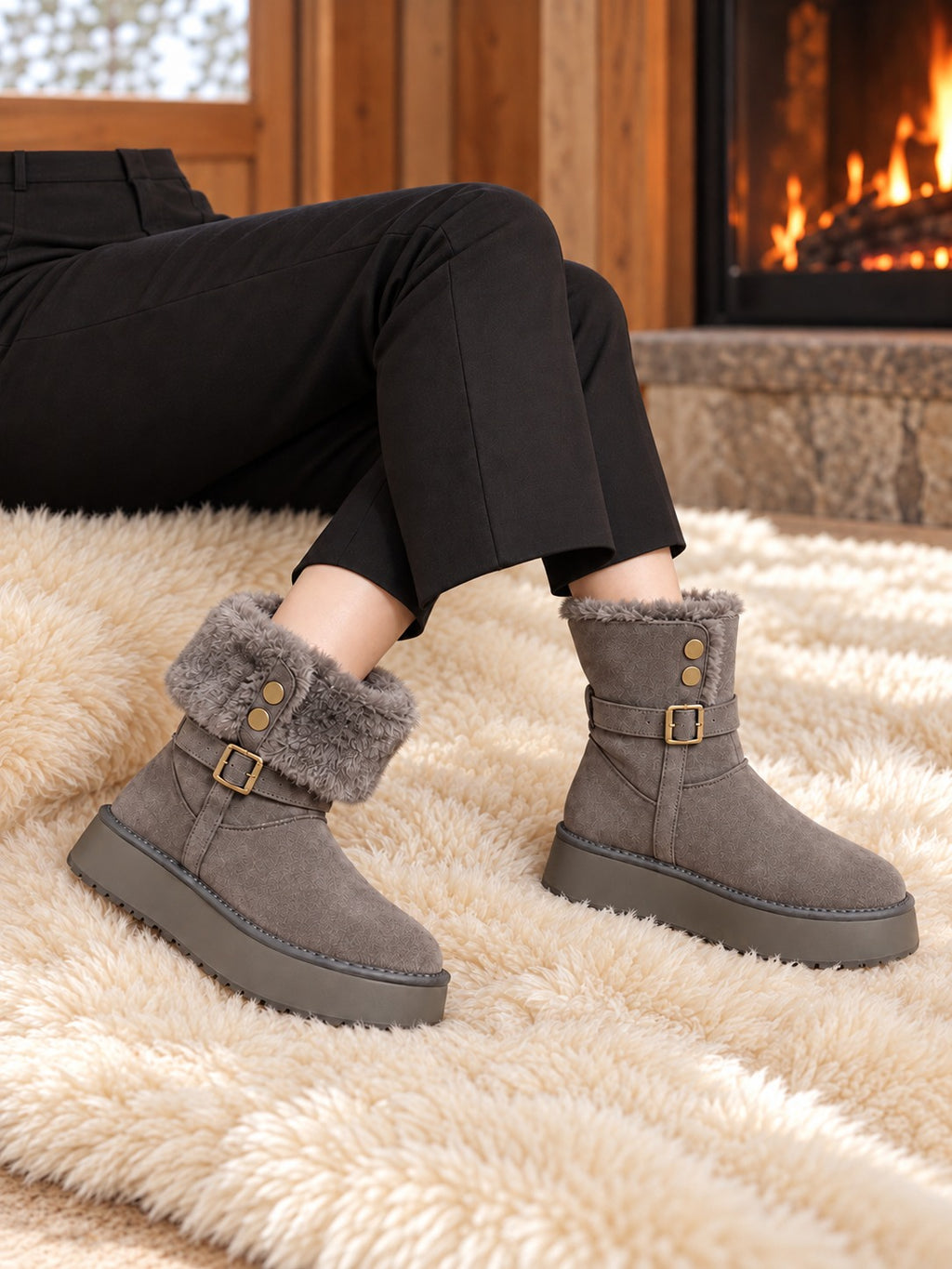 Plush Lined Ankle Snow Boots in Gray, lifestyle view