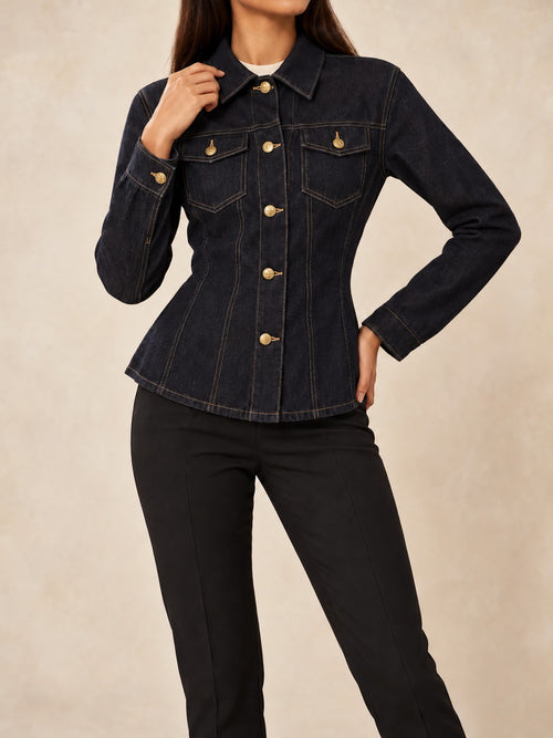 Dark Blue Denim Shirt Jacket in Dark Blue, front view