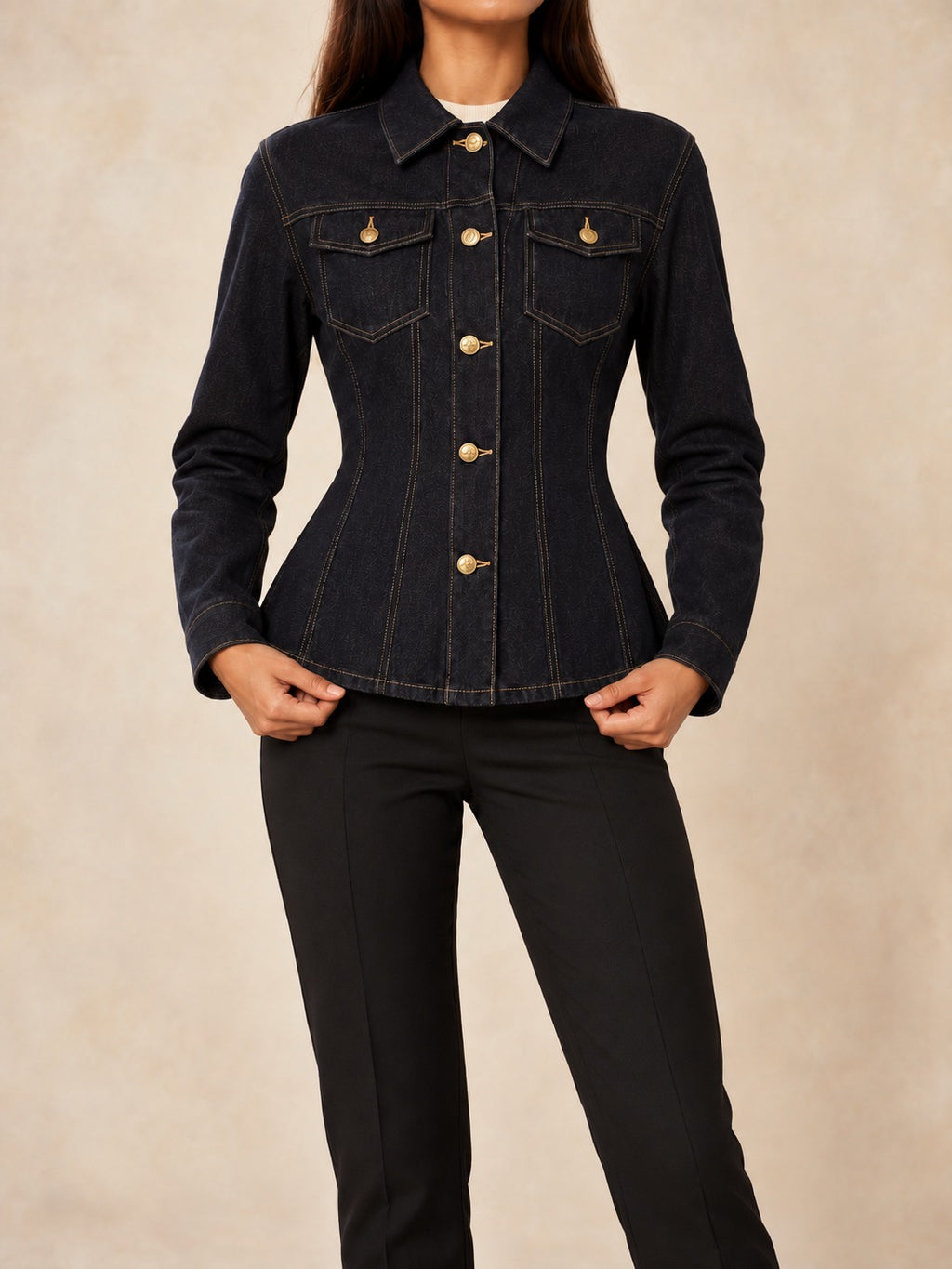 Dark Blue Denim Shirt Jacket in Dark Blue, full-length front view