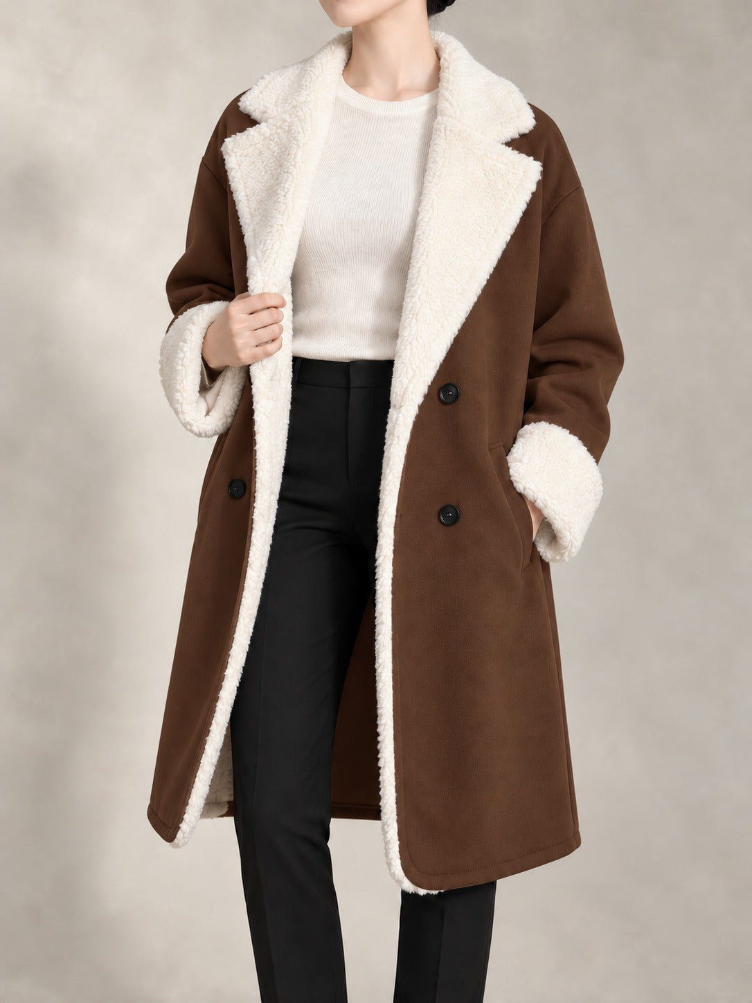 Long Coat with Faux Fur Collar in Dark Brown, front view
