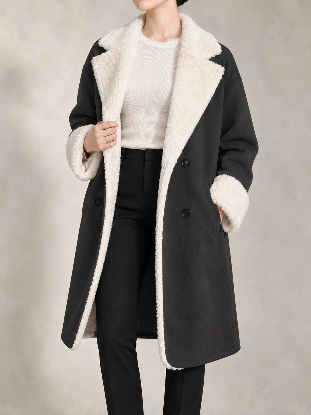 Long Coat with Faux Fur Collar in Dark Gray, front view