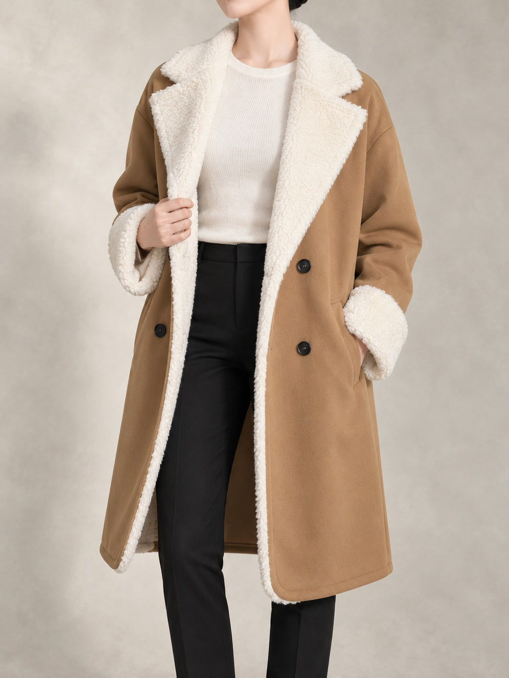 Long Coat with Faux Fur Collar in Khaki, front view
