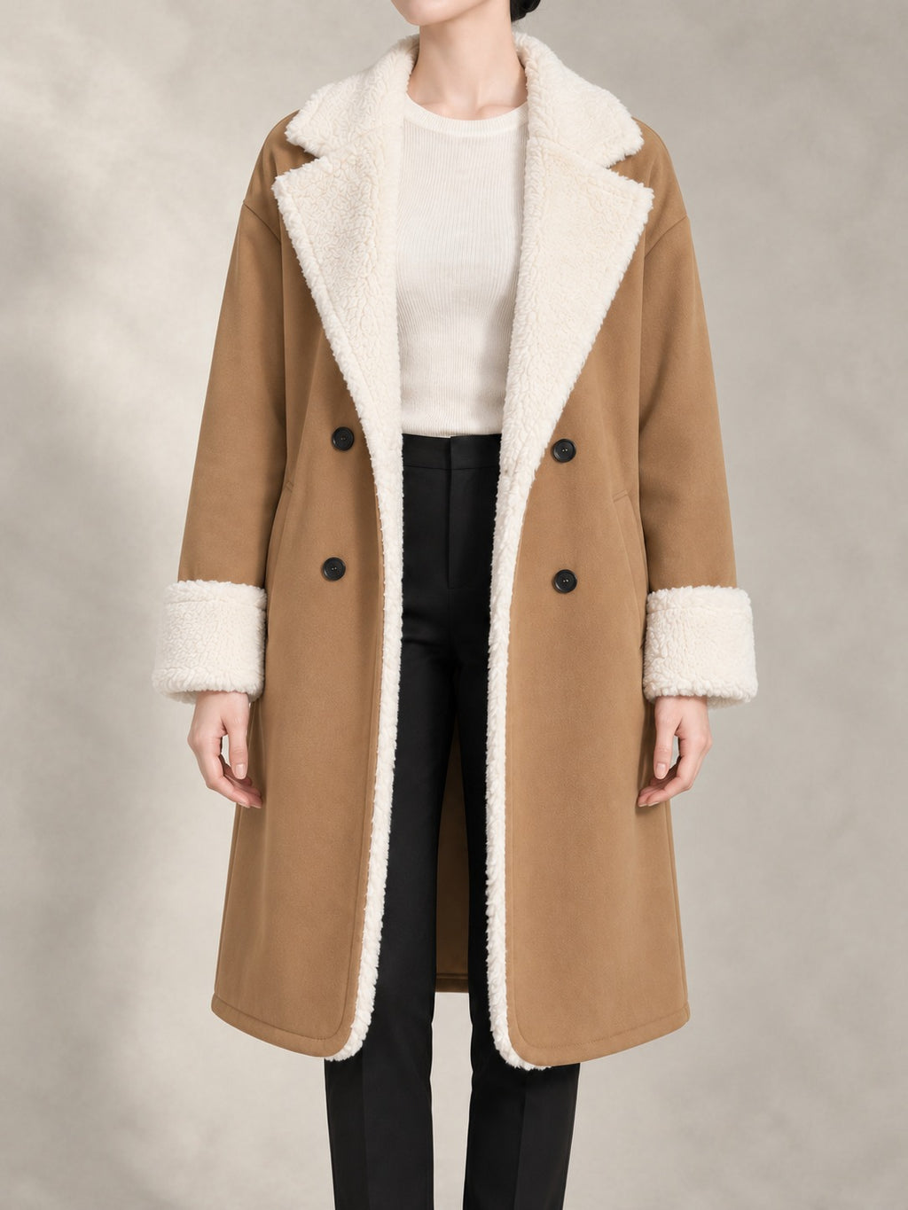 Long Coat with Faux Fur Collar in Khaki, full-length front view