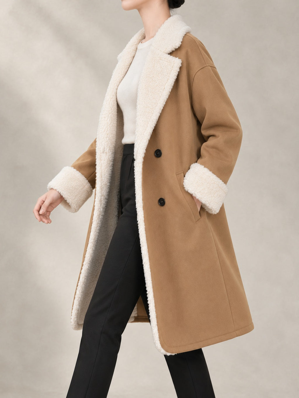 Long Coat with Faux Fur Collar in Khaki, side view