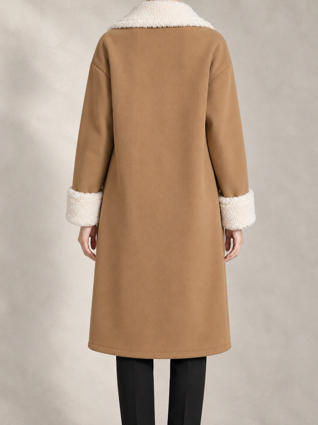 Long Coat with Faux Fur Collar in Khaki, back view