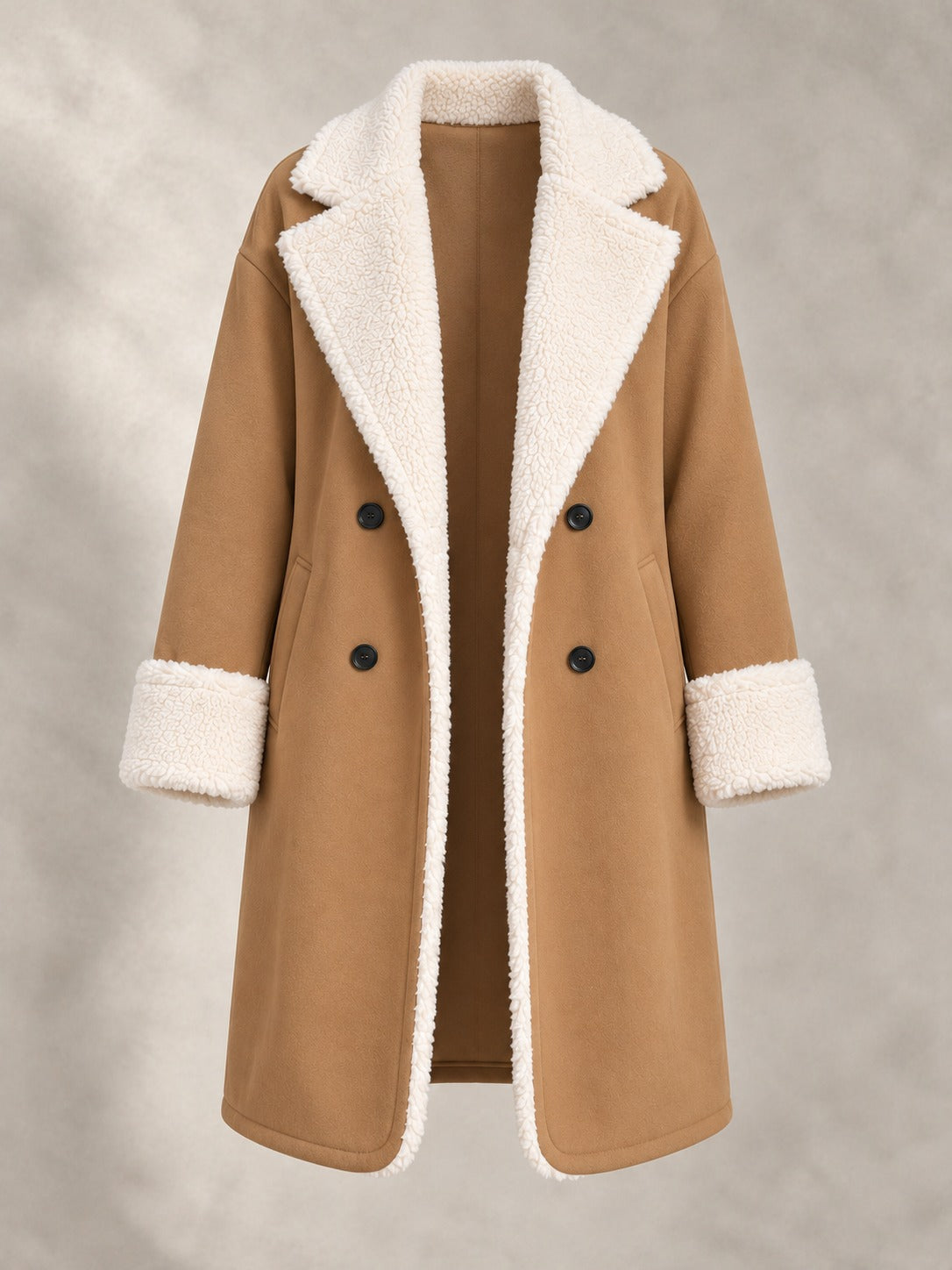 Long Coat with Faux Fur Collar in Khaki, product only