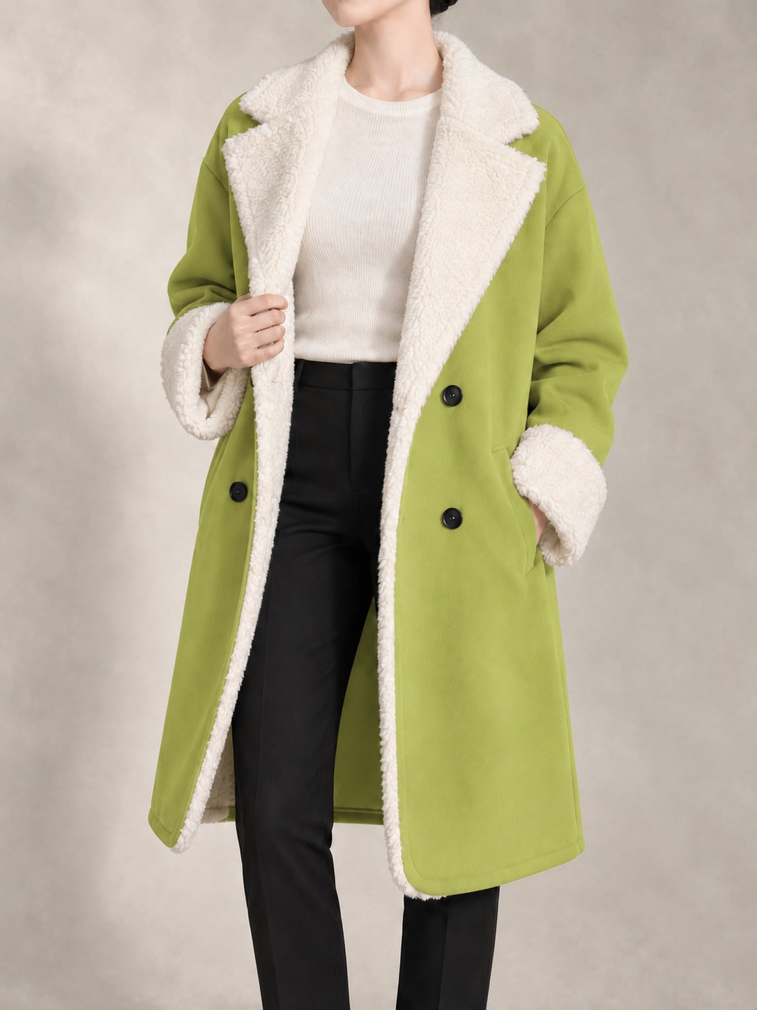 Long Coat with Faux Fur Collar in Yellow-Green, front view