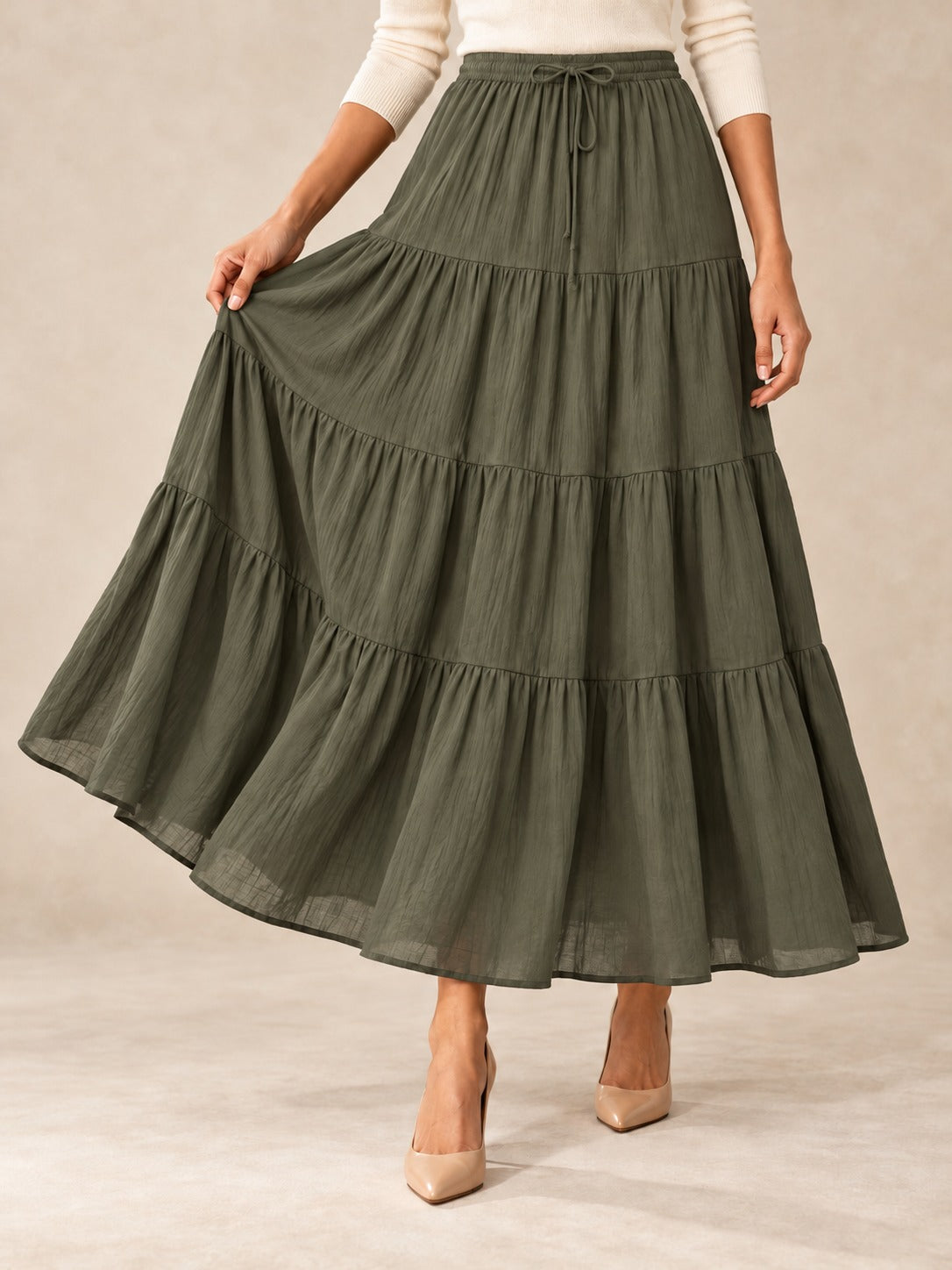 Tiered Cotton-Blend Maxi Skirt in Army Green, styled on model