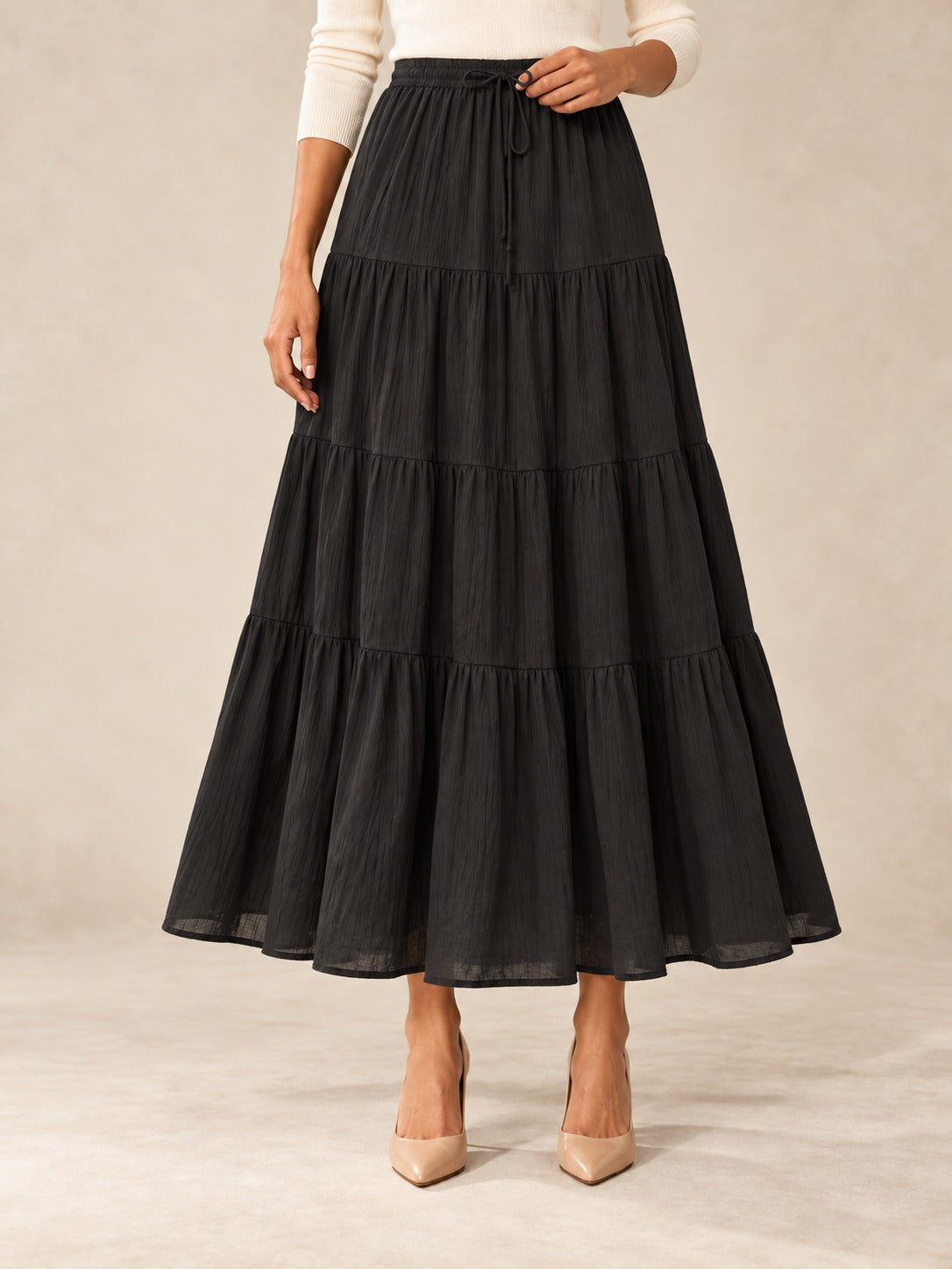 Tiered Cotton-Blend Maxi Skirt in Black, front view