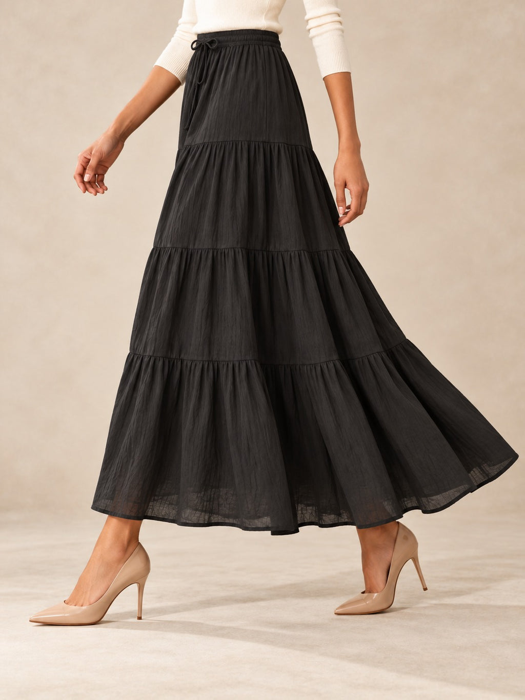 Tiered Cotton-Blend Maxi Skirt in Black, side view