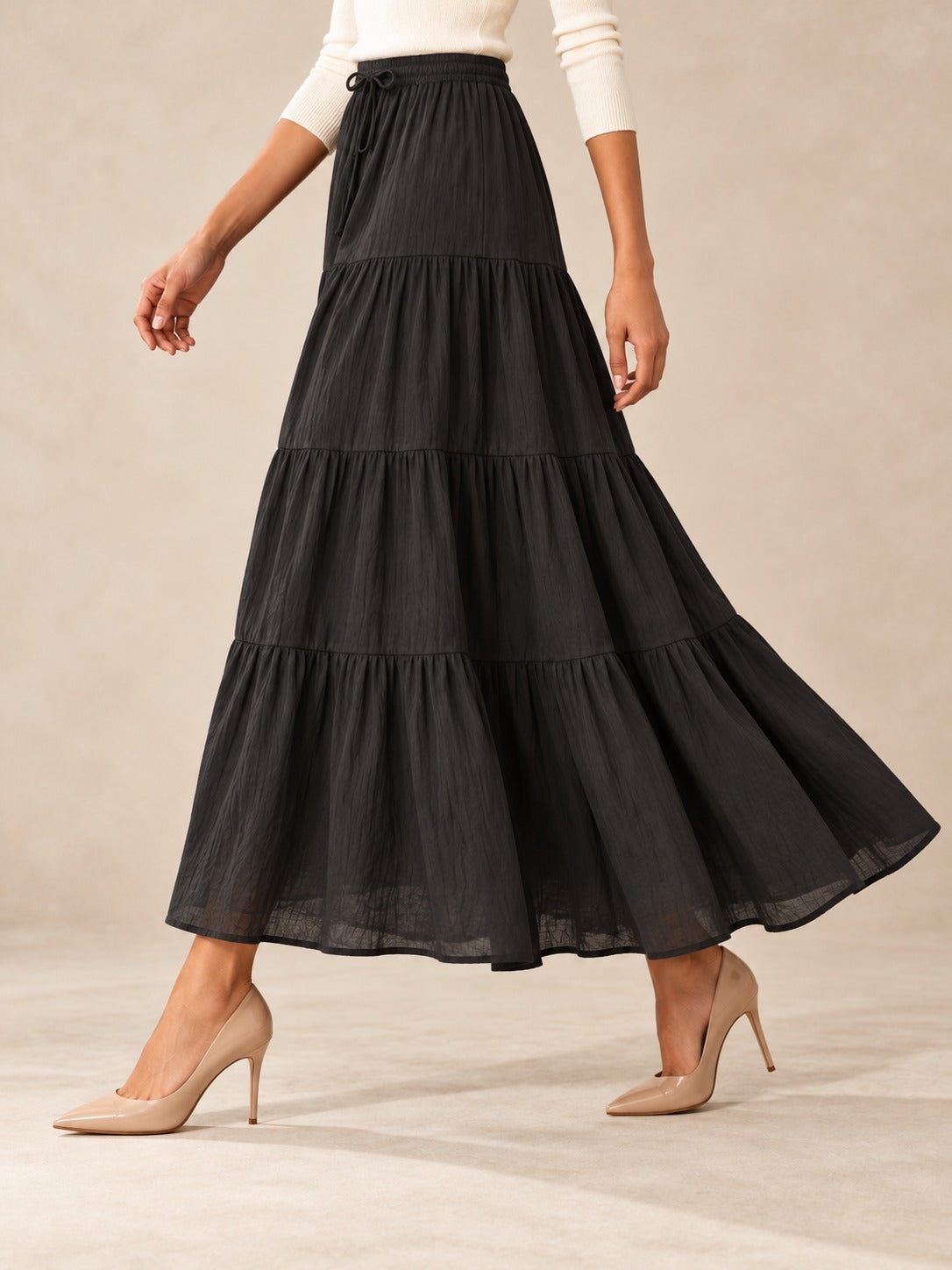 Tiered Cotton-Blend Maxi Skirt in Black, side view