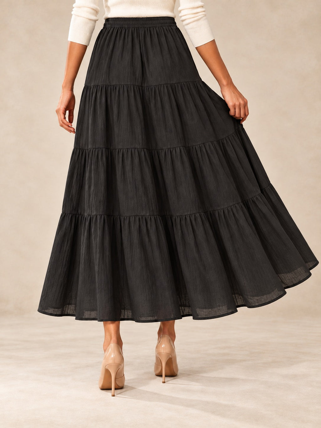 Tiered Cotton-Blend Maxi Skirt in Black, back view