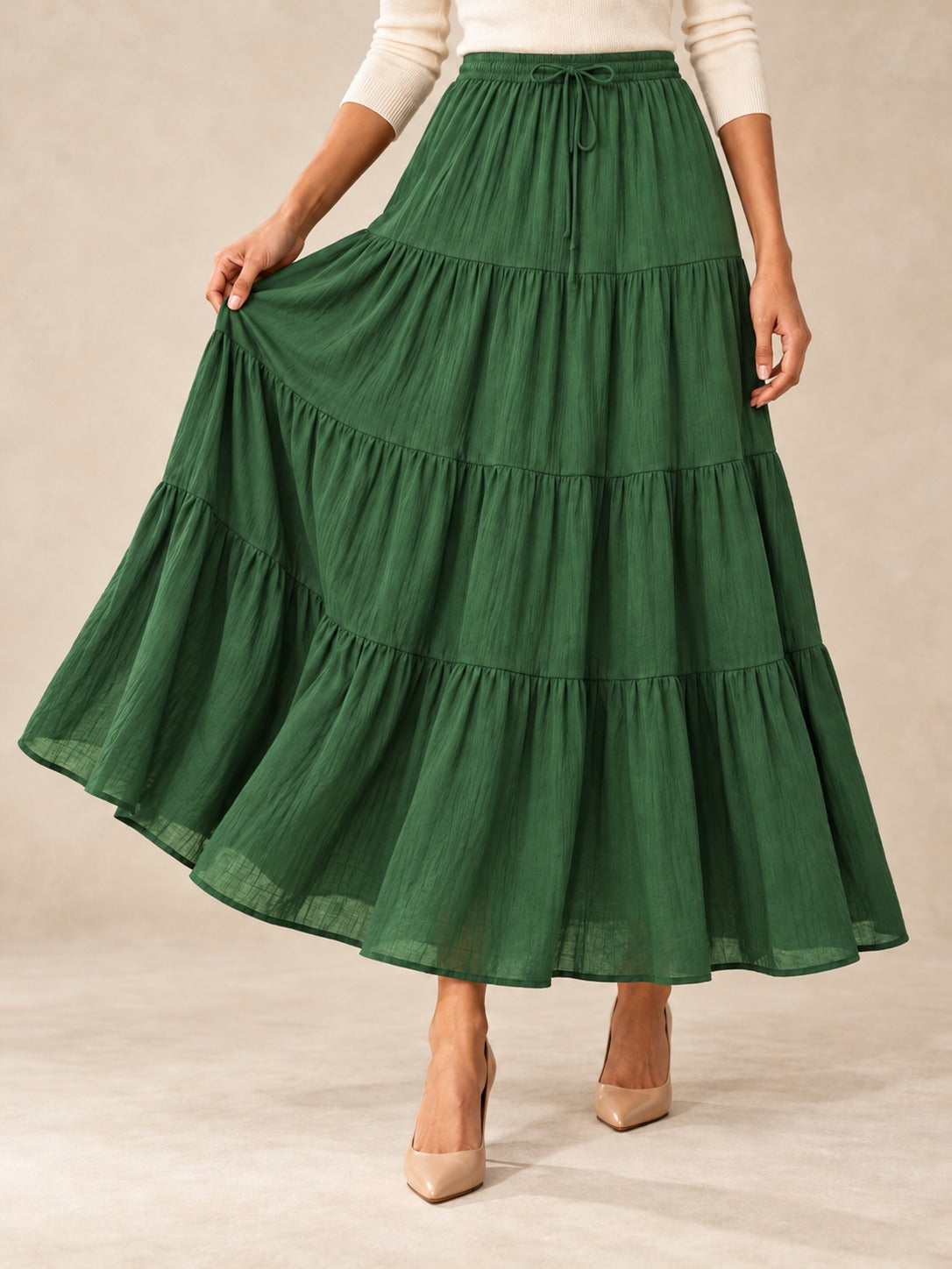Tiered Cotton-Blend Maxi Skirt in Green, styled on model