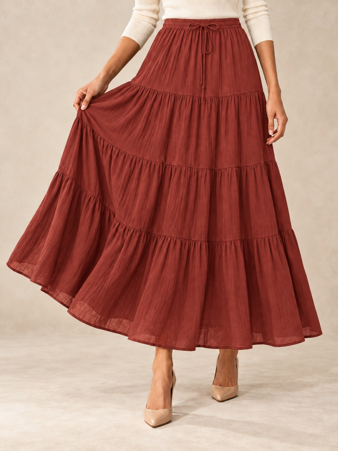 Tiered Cotton-Blend Maxi Skirt in Orange Red, styled on model