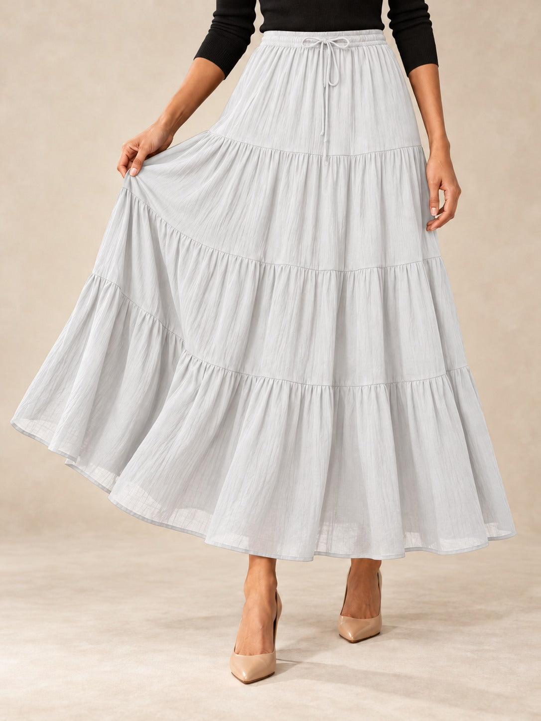 Tiered Cotton-Blend Maxi Skirt in White, styled on model