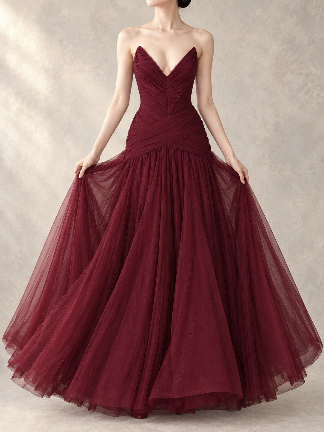 Wine Red Pleated Mesh Dress in Wine Red, front view