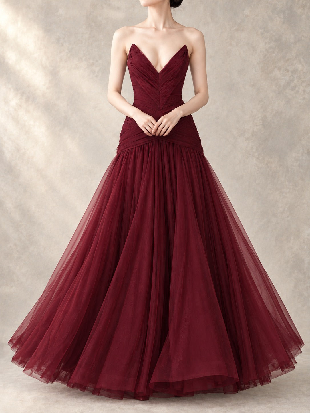 Wine Red Pleated Mesh Dress in Wine Red, full-length front view