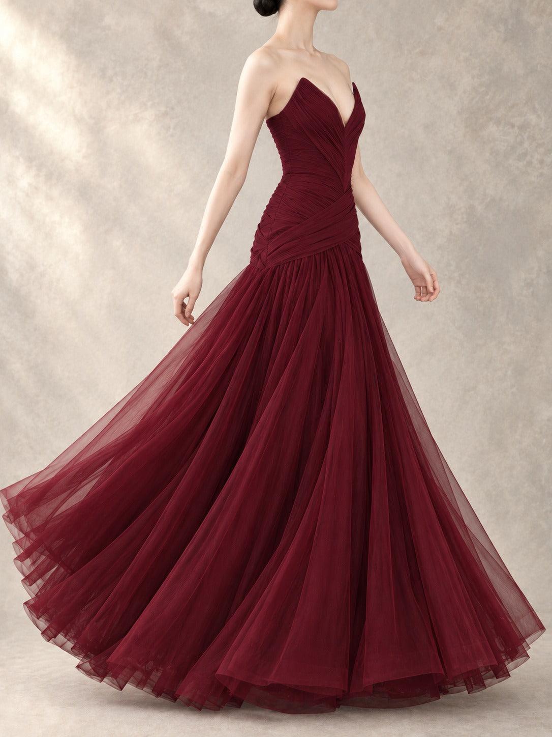 Wine Red Pleated Mesh Dress in Wine Red, side view